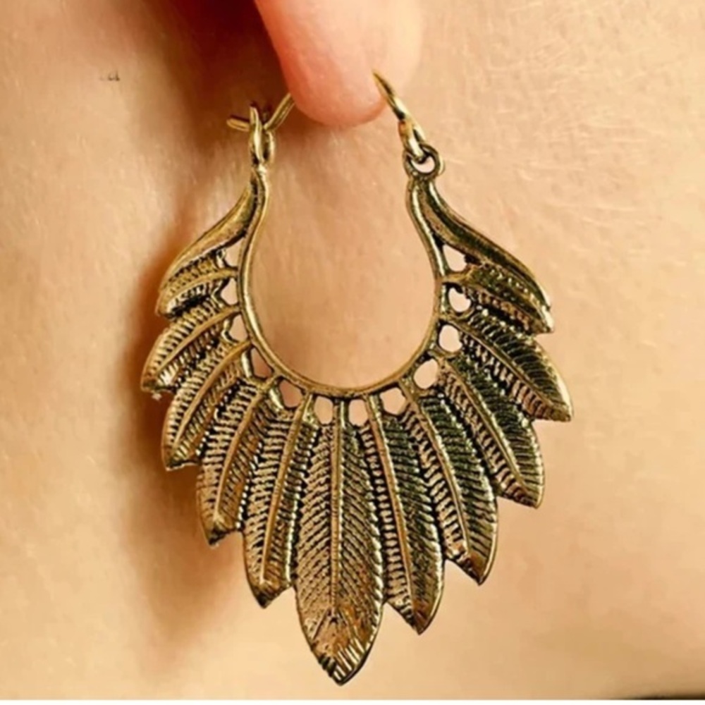 Copper color alloy 2 1/4” length feather BOHO Tribal hook clasp dangle earrings